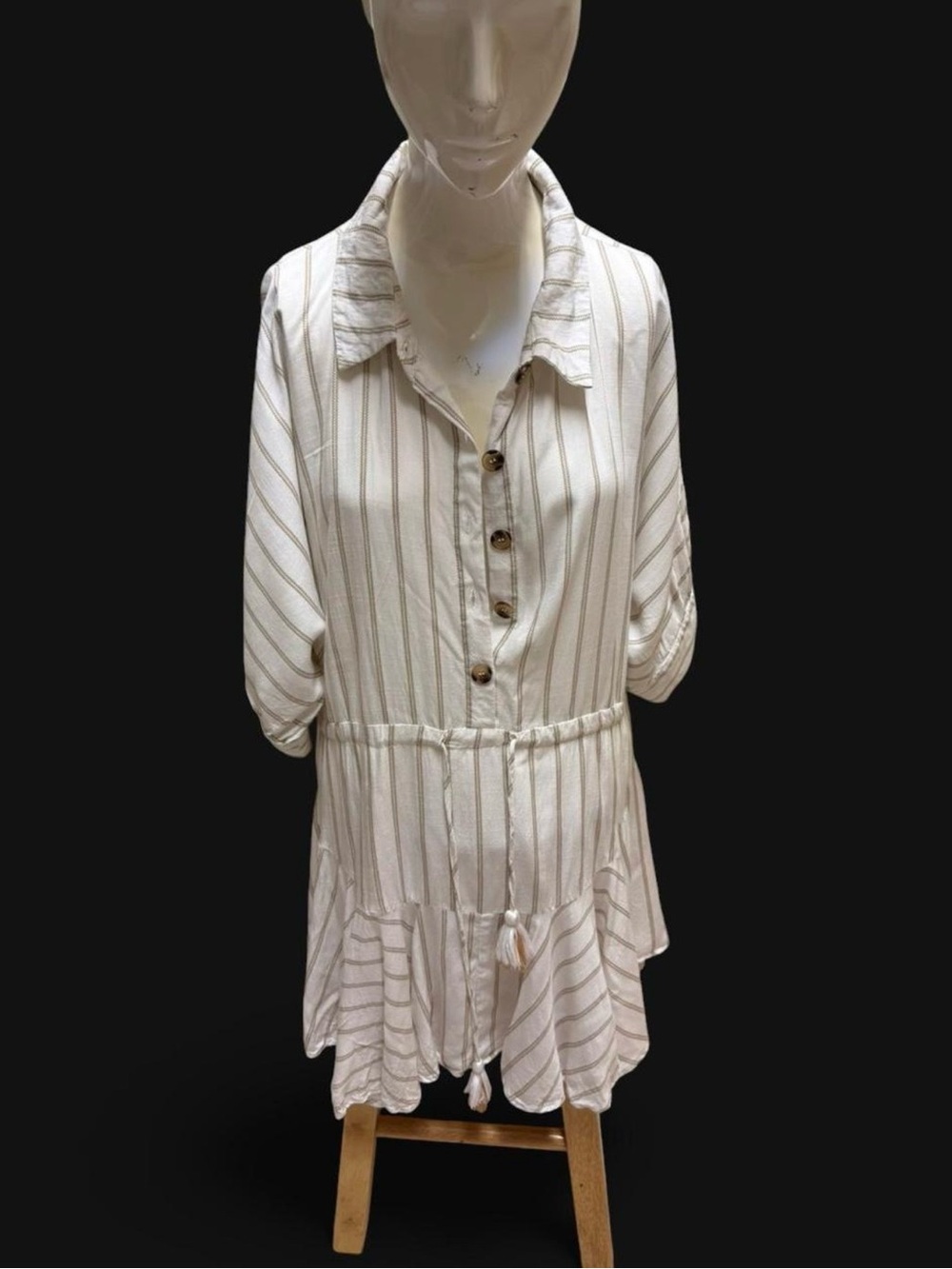 Aakaa Cream dress with Taupe Stripe Detail